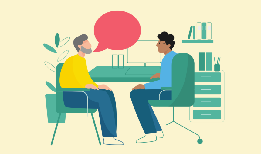 Healthcare professional & Healthcare practitioner job titles and roles – Illustration of a person chatting to a healthcare professional.