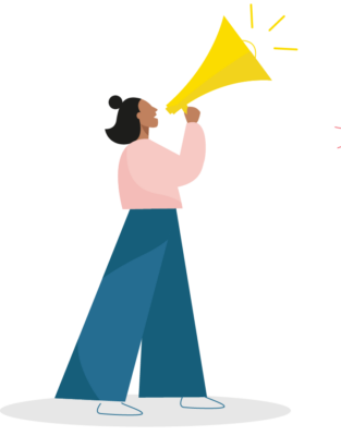 Illustration of a lady with a loud hailer for legs and foot conditions