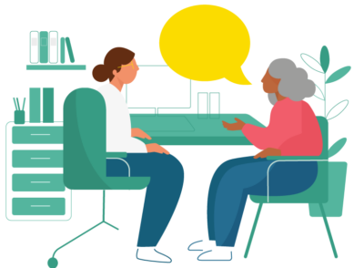 Treatment options for leg and foot conditions – Illustration of a healthcare professional chatting to a person